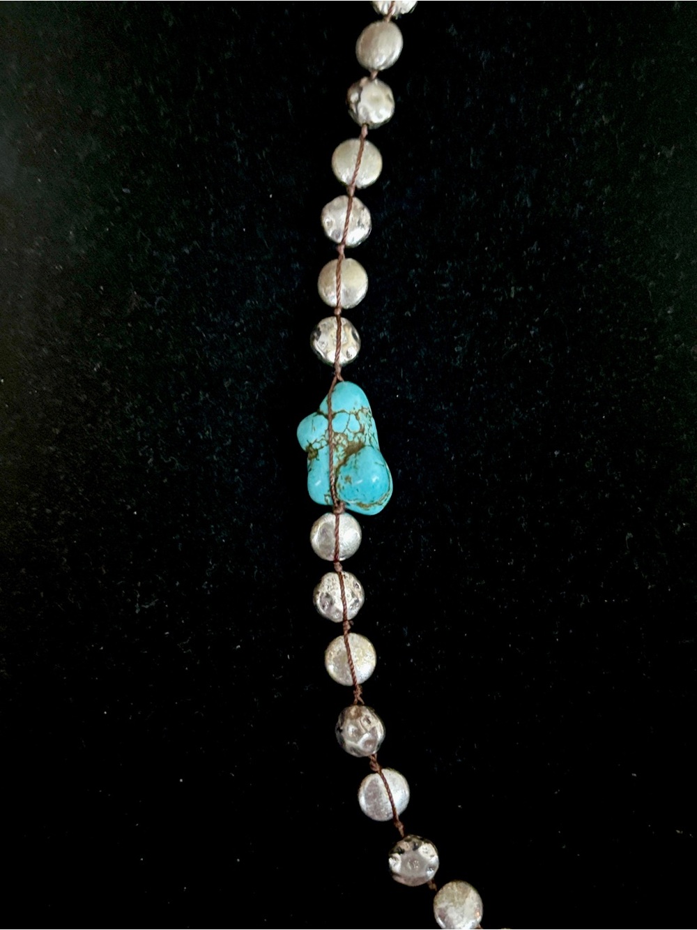 Lucky Brand Hammered Silver Disc Bead Corded Necklace with Turquoise Nugget 36” - Picture 3 of 9